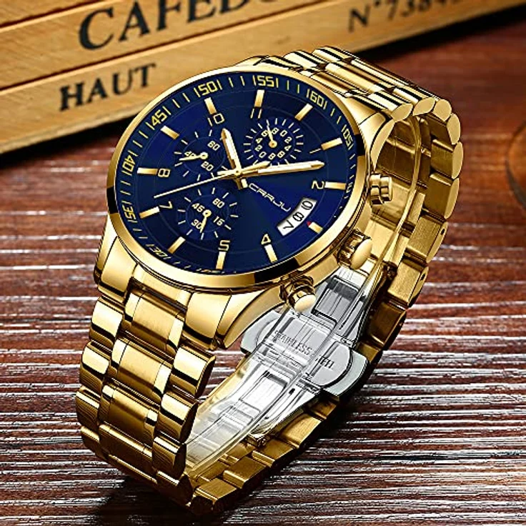 CRRJU Herren Chronograph Armbanduhr, wasserdicht 30m, Edelstahlarmband, analog mit Kalender, Gold Blau – Bild 4