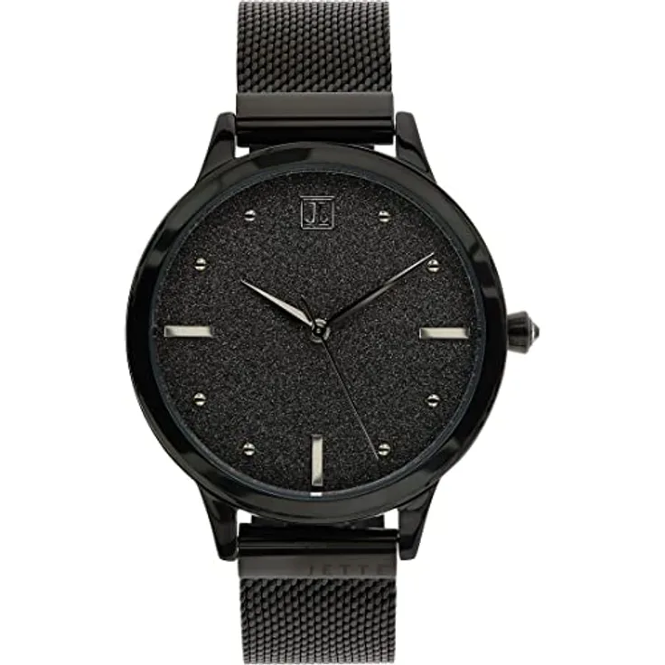 JETTE Quarzuhr Damen Analog Quarz, Milanaise-Armband, IP-Black, glitzerndes Zifferblatt