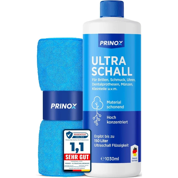 Prinox Ultraschallreiniger Konzentrat inkl. Mikrofasertuch I Extrem ergiebig, 700 Bäder je Flasche - Für Brille, Schmuck, Gebiss, Kleinteile – Bild 1