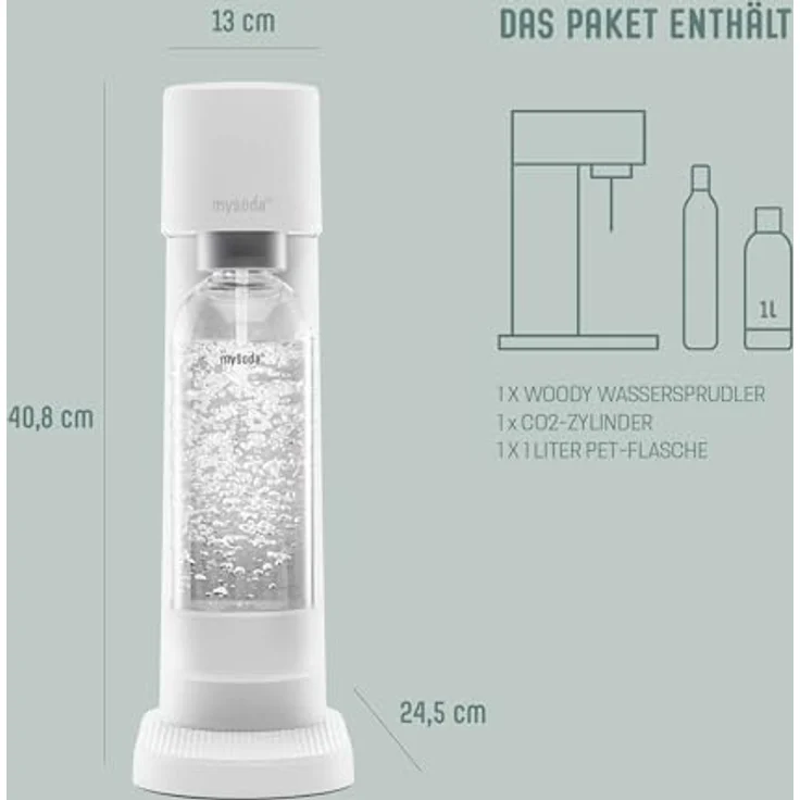 Mysoda Woody Wassersprudler, inkl. 1 Liter PET-Flasche, 60L CO2-Zylinder, weiß – Bild 4