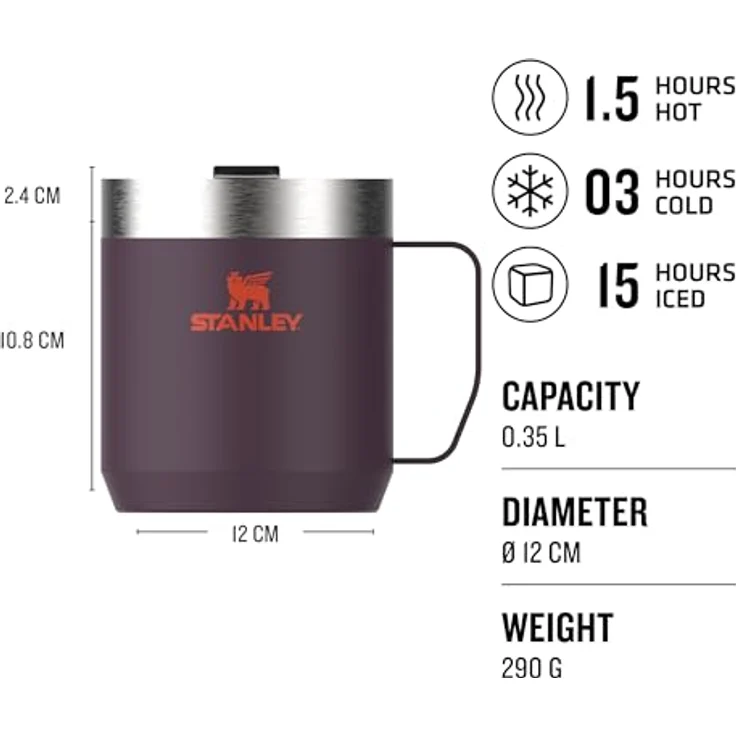 Stanley Classic Legendary Camp Mug, Thermobecher 354 ml, Edelstahl, hält 1.5 Stunden heiß, 3 Stunden kalt, BPA-frei, spülmaschinenfest, Plum – Bild 2