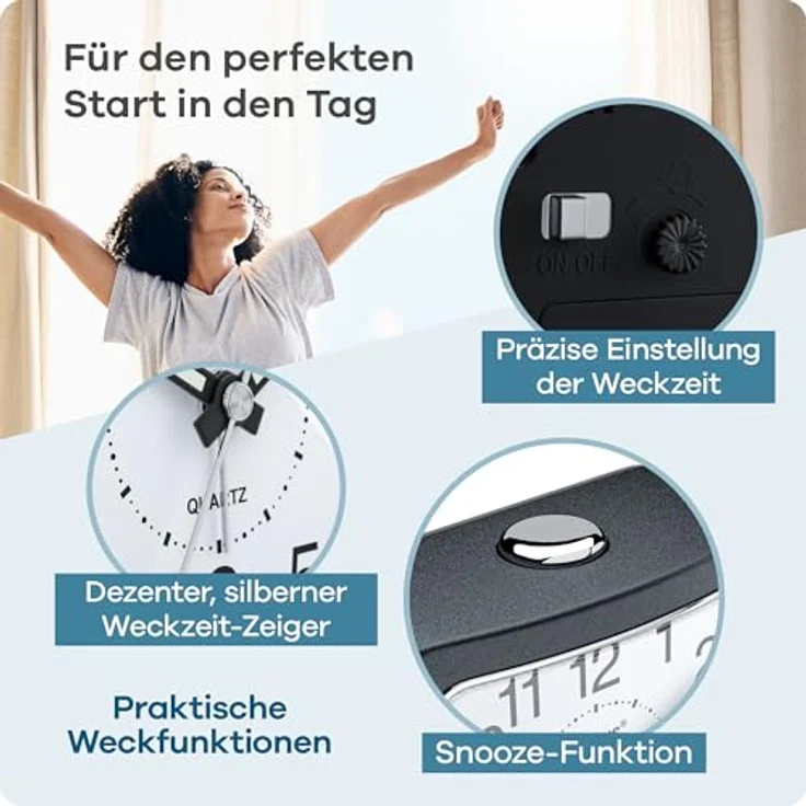 Mebus Quarzwecker 56987, geräuscharm ohne Ticken, mit Leuchtzeigern, Alarm mit Weckwiederholung, Snooze und Zifferblatt-Beleuchtung, grau-anthrazit – Bild 3