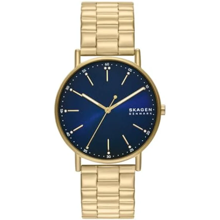 Skagen Signatur Herrenuhr, Quarz-Dreizeigerwerk mit goldenem Edelstahlarmband und blauem Zifferblatt, wasserdicht bis 50 m – Bild 1