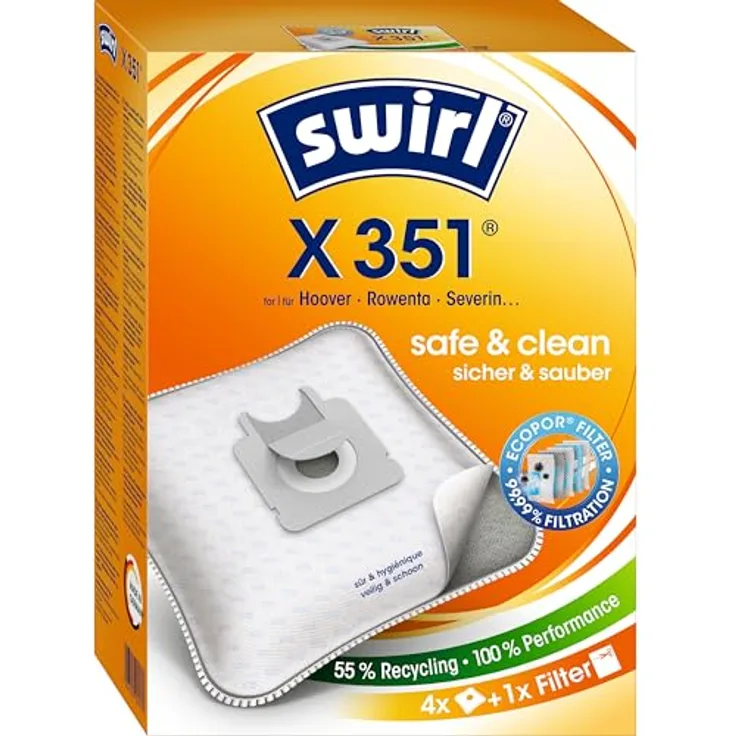 Swirl X 351 MicroPor® Plus Green, Staubsaugerbeutel 4 Stück mit Anti-Allergen-Filter und Dirtlock® Staubverschluss