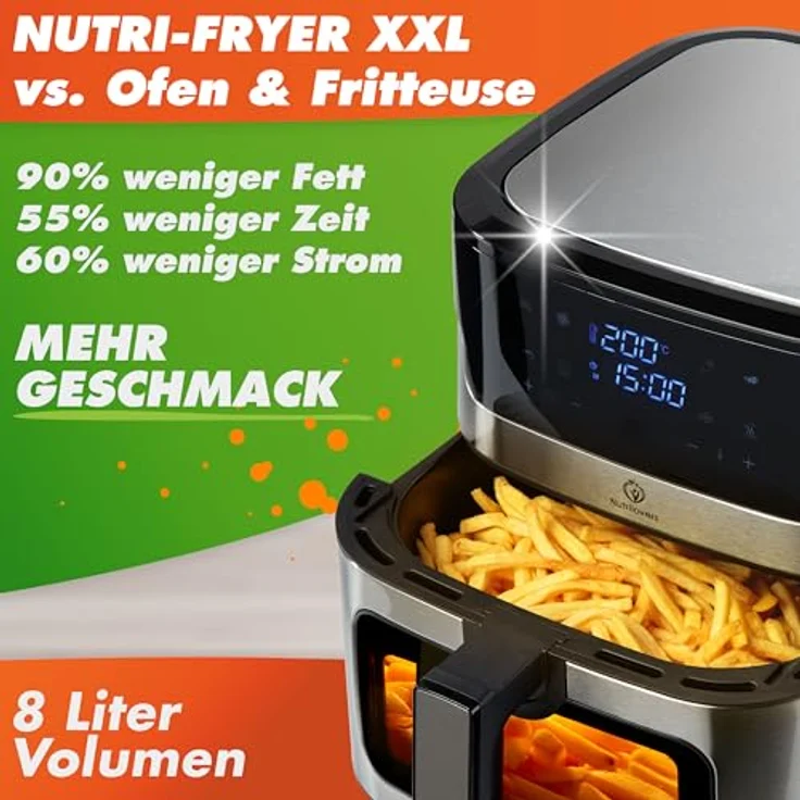 Nutrilovers Heißluftfritteuse NUTRI-FRYER EDELSTAHL XXL, 8L, 2000W, mit LED Touch Display, Double Heating Technologie, Sichtfenster, fettarm, inkl. Rezepte – Bild 5