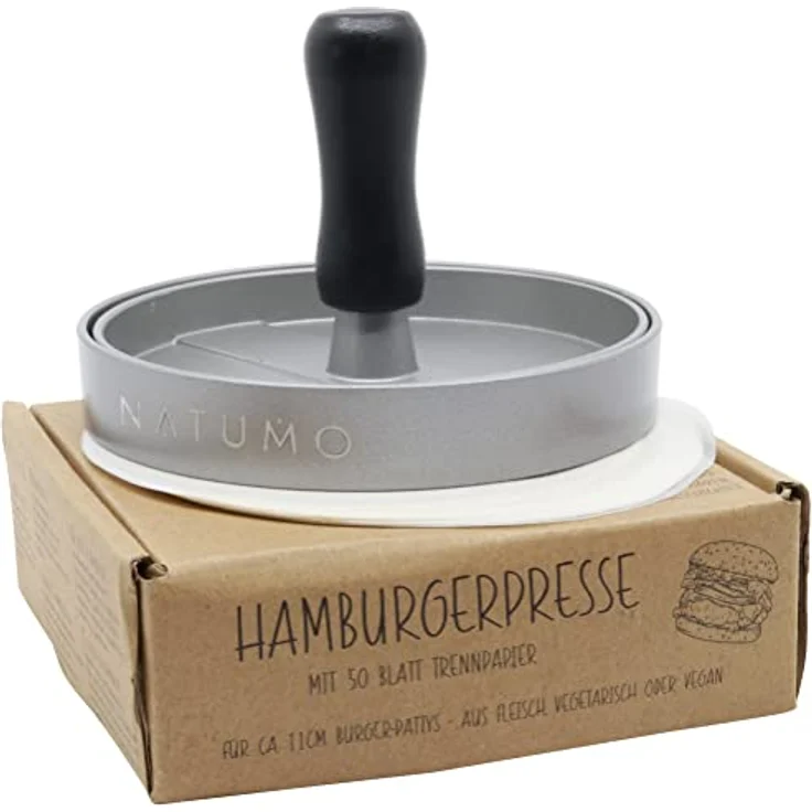 NATUMO Burgerpresse Set aus Hamburgerpresse und Burger Papier (50x Trennpapier), Burger Maker aus Aluguss (Ø 11cm, 200g), Profi Burger Pattie Presse mit Antihaftbeschichtung (Silber) – Bild 1