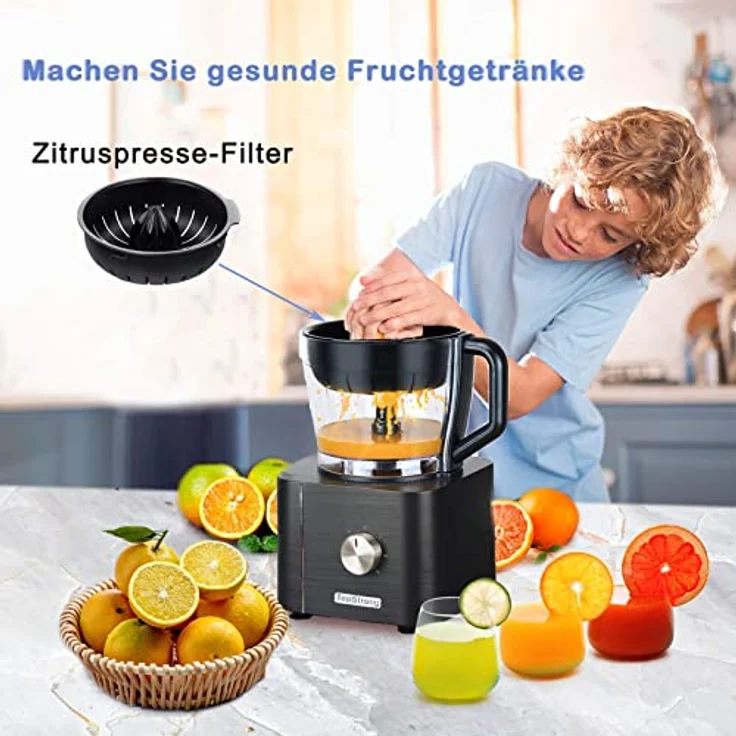 TopStrong Foodprozessor, 1100W, 11 Funktionen, 3,2L und 1,5 Behälter, inkl. Zerkleinerer, Scheidescheibe, Zitruspresse, Knethaken, schwarz – Bild 7
