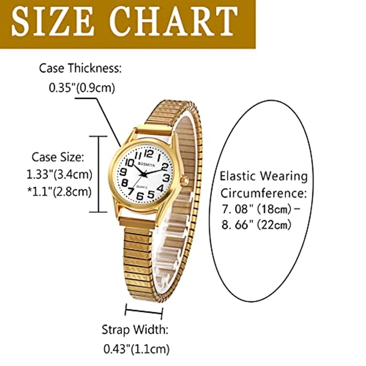 JewelryWe Uhren Damen Elastisch Edelstahl, klassische Quarz Armbanduhr mit goldfarbenem Stretch-Armband und großen arabischen Zahlen Zifferblatt – Bild 4