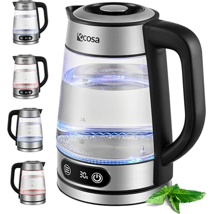 Ecosa® Glas Wasserkocher mit Temperatureinstellung, 1,8 Liter, 2.200 Watt, Edelstahl, LED-Beleuchtung, Warmhaltefunktion, Memory-Funktion, 100% BPA-frei – Bild 1