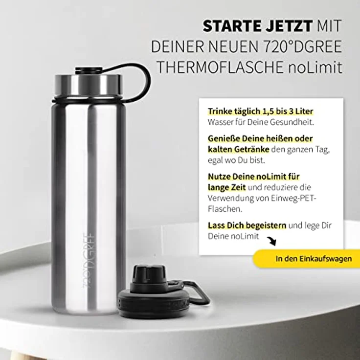 Trinkflasche Doppelwandig Edelstahl 950ml Isolierflasche m. Gratis Sportdeckel 720 DGREE noLimit solid stainless – Bild 6