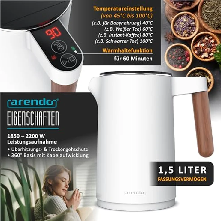 Arendo Wasserkocher AESTHET - Edelstahl, Temperatureinstellung 40°–100°C, Doppelwand, 1,7 l, 2200 W, Teekocher, schwarz – Bild 5