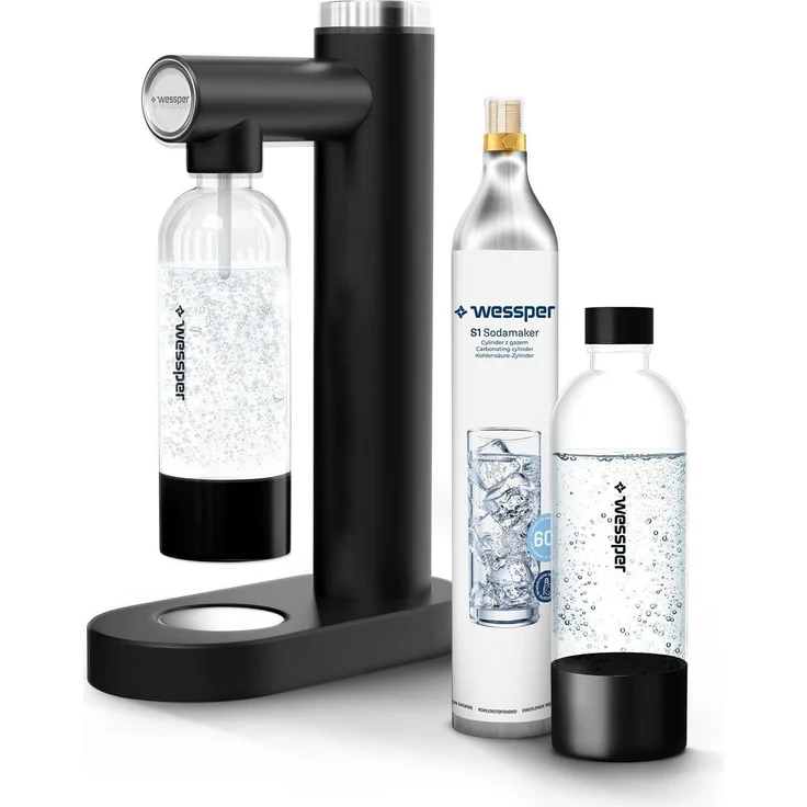 Wessper Wassersprudler S1, Sprudelwasser Maschine in Schwarz, Set mit 1L BPA-freien PET-Flaschen & 60L CO2 Zylinder