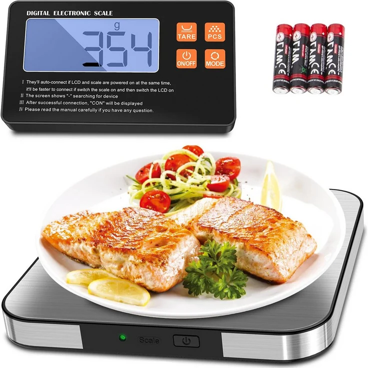 BlingBin Digitale Küchenwaage 1g/15kg, mit geteiltem LCD-Display, 7 Maßeinheiten, Tara- & Zählfunktion, Edelstahl-Design, batteriebetrieben