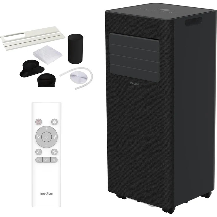 MEDION Mobile Klimaanlage E902 MD100137, 9.000 BTU, 3in1 Kühlen Entfeuchten Ventilieren, grau, bis 32m², Autoswingfunktion, Schlafmodus, inkl. Fensterabdichtung