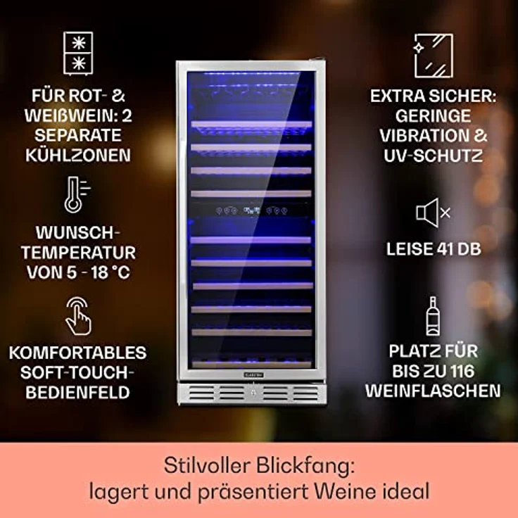 Klarstein Einbau-Weinkühlschrank, 2 Zonen Getränkekühlschrank Klein, Kleiner Weinschrank 306L, Wein-Kühlschrank Klein mit Glastür, Indoor/Outdoor Flaschenkühlschrank, Wine Fridge 116 Flaschen – Bild 2