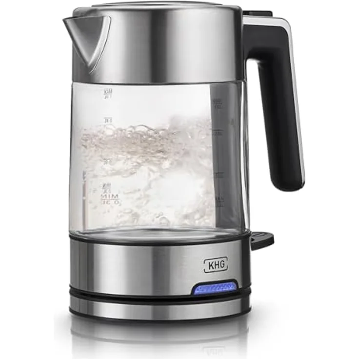 KHG Wasserkocher WK-106 GE, Glas, 1 Liter, 2200 Watt, abwaschbarer Kalkfilter, Wasserstandsanzeige, Trockengehschutz, BPA-frei