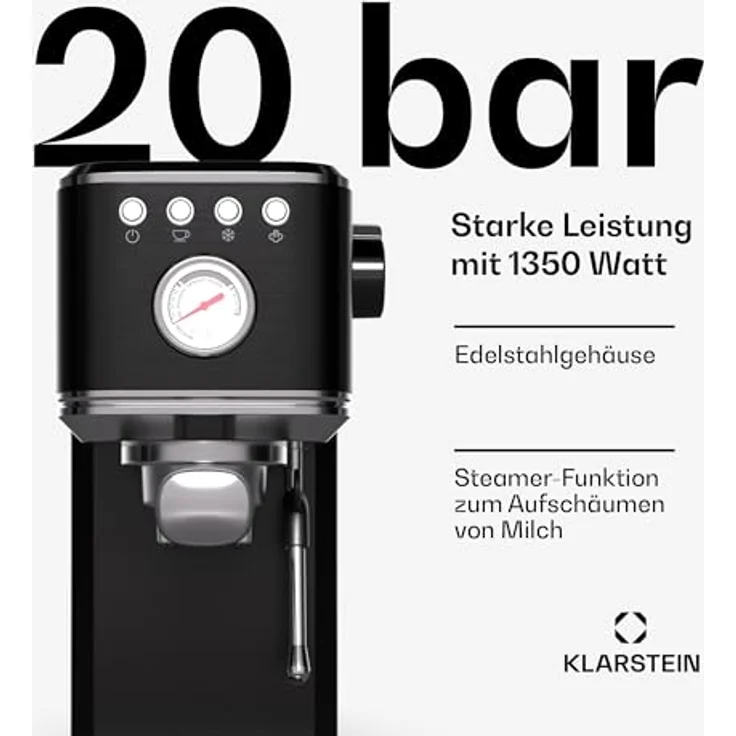 Klarstein SteelPresso Slim Siebträgermaschine – 20 Bar, 1350W, 1,2L Wassertank, Dampfdüse, Edelstahlgehäuse, Kompakt, Einfache Bedienung, Leichte Reinigung, Schwarz – Bild 2