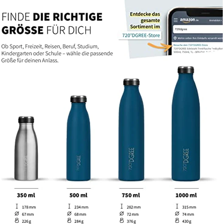720°DGREE Edelstahl Trinkflasche “milkyBottle” - 1L - BPA-frei, auslaufsicher, kohlensäuregeeignet, Thermosflasche für Sport und Outdoor – Bild 3
