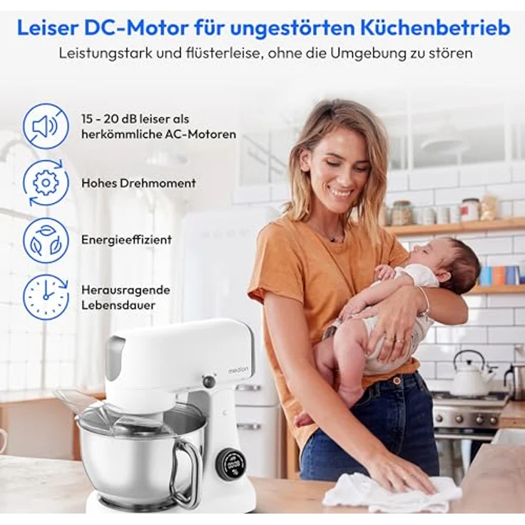 MEDION Küchenmaschine mit Fleischwolf (800 Watt, Gleichstrommotor, 4,6 Liter Edelstahlschüssel, Energiesparend, Ultraleise, Digitales Sensor-Touch-Display, MD12600) Weiß – Bild 3