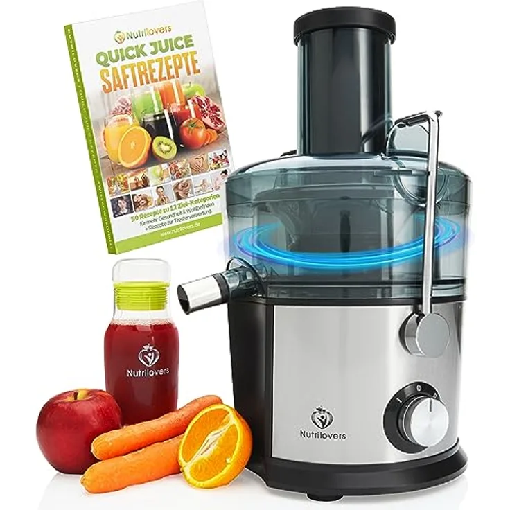 Nutrilovers QUICK-JUICER, Zentrifugalentsafter Edelstahl, 800W, 2 Geschwindigkeiten, XXL-Einwurf für ganze Früchte, BPA-frei, inkl. Trinkflasche & Rezeptbuch