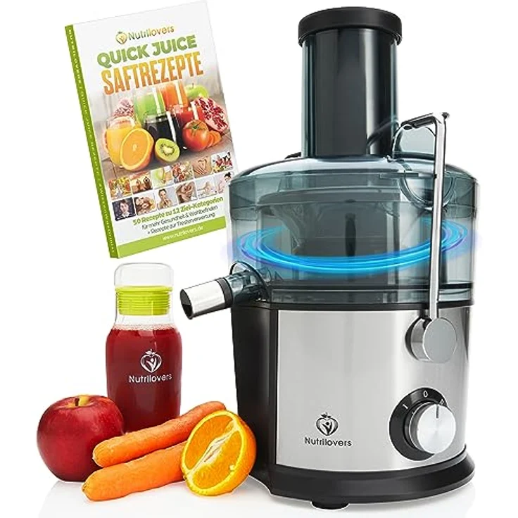 Nutrilovers QUICK-JUICER, Zentrifugalentsafter Edelstahl, 800W, 2 Geschwindigkeiten, XXL-Einwurf für ganze Früchte, BPA-frei, inkl. Trinkflasche & Rezeptbuch – Bild 1
