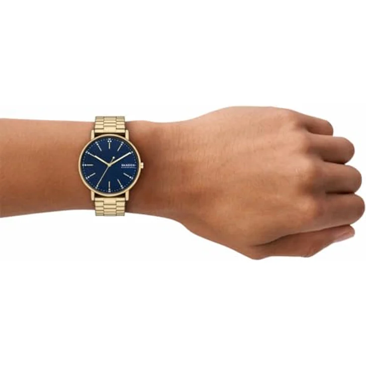 Skagen Signatur Herrenuhr, Quarz-Dreizeigerwerk mit goldenem Edelstahlarmband und blauem Zifferblatt, wasserdicht bis 50 m – Bild 2