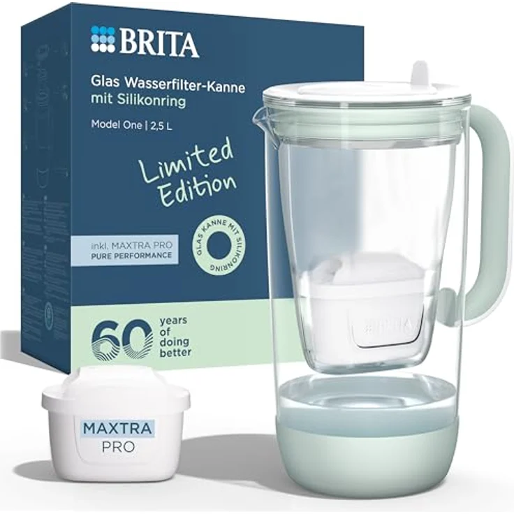 BRITA MAXTRA Glas-Wasserfilter Kanne in sanftem Grün, inkl. 1x Pure Performance Filter, hitzebeständiges Borosilikatglas, LED Smart Light, spülmaschinengeeignet – Bild 1