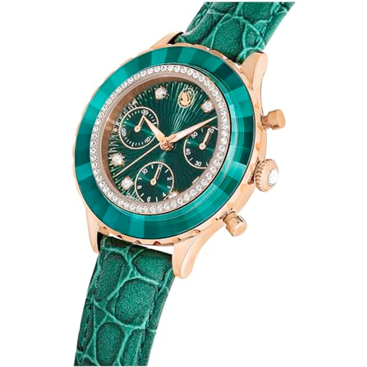 Swarovski Octea Chrono Uhr, Schweizer Produktion, Lederarmband, Grün, Roségoldfarbenes Finish – Bild 4