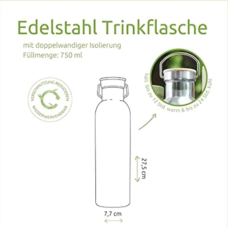 pandoo Edelstahl Trinkflasche 750 ml | Wiederverwendbare Wasserflasche, auslaufsichere Sportflasche mit Deckel, für Sport, Camping, Ausflug, Fahrradfahren | mit oder ohne Isolierung (Isoliert)… – Bild 2
