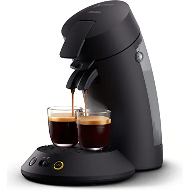 Philips Original Plus Eco Kaffeepadmaschine, Kaffeestärkewahl, Kaffee Boost Technologie, 80%* recyceltes Plastik, 45%** weniger Energieverbrauch, 2 Tassen gleichzeitig, Klavierlackschwarz (CSA210/22) – Bild 1