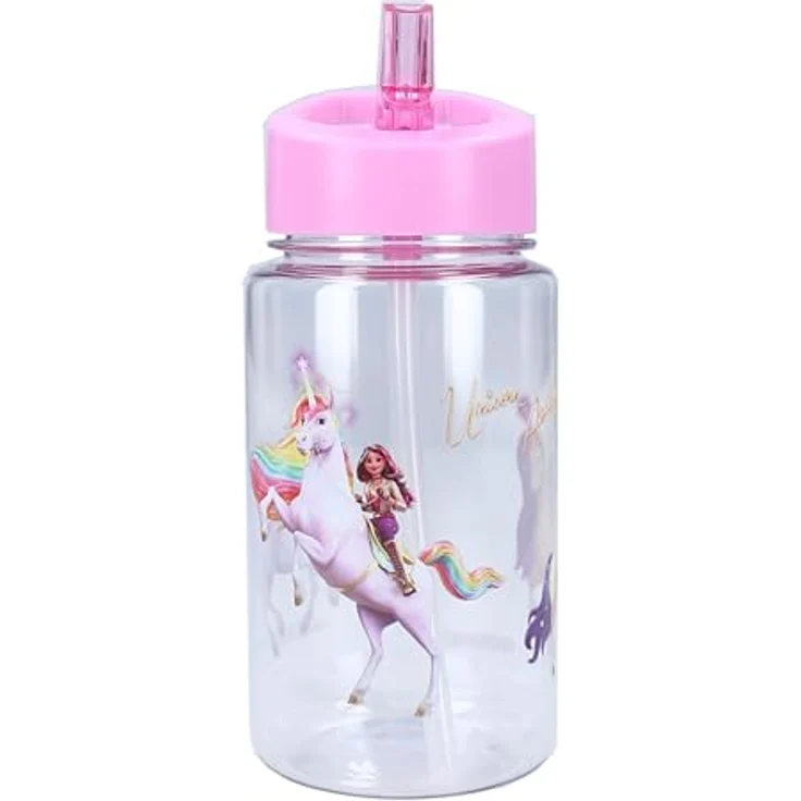 Unicorn Academy Trinkflasche Trinkbecher 450 ml, transparent mit Strohhalm & pinkem Henkel – Bild 2