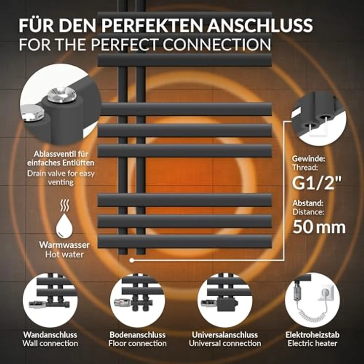 ECD Germany Iron EM Design Badheizkörper - 500 x 1000 mm - Anthrazit - Designheizkörper Paneelheizkörper Handtuchwärmer - 500 W Wärmeleistung 1435 BTU – Bild 4