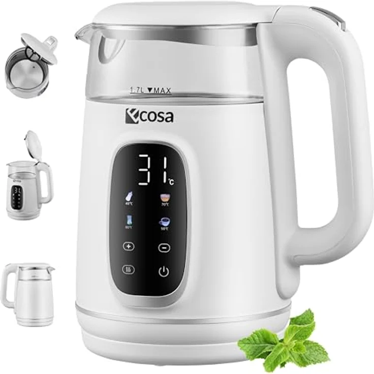 Ecosa® Wasserkocher, Teekocher mit Temperatureinstellung 40°C-100°C, 1,7 Liter, 2200 Watt, Glas Edelstahl, BPA-frei, Warmhaltefunktion, LED-Beleuchtung (Woldo White) – Bild 1