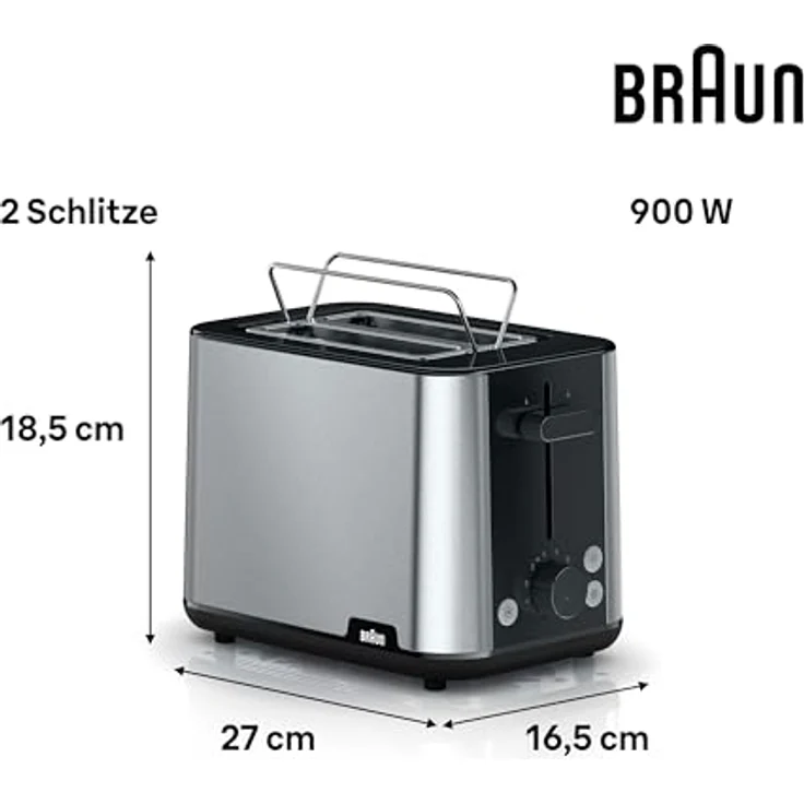 Braun HT1510BK-Schlitz-Toaster, 900 Watt, inkl. Brötchenaufsatz, automatisches Brötchenzentriersystem, schwarz, silber – Bild 3