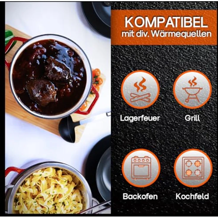 Grillschweine Dutch Oven Emailliert, 3,8L Feuertopf in Rot mit Picots für perfektes Garen, leicht zu reinigen und für alle Wärmequellen geeignet – Bild 5