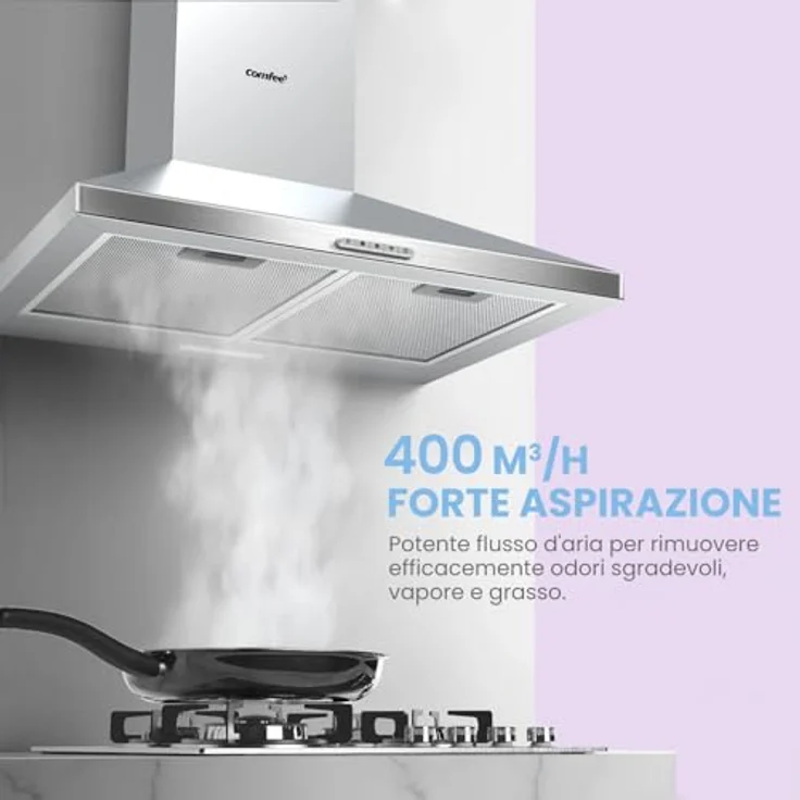 COMFEE' Dunstabzugshaube PYRA17SS-60, 60 cm Edelstahl mit 320 m³/h Saugleistung, LED-Beleuchtung, Rücklaufsystem und Kohlefilter – Bild 2