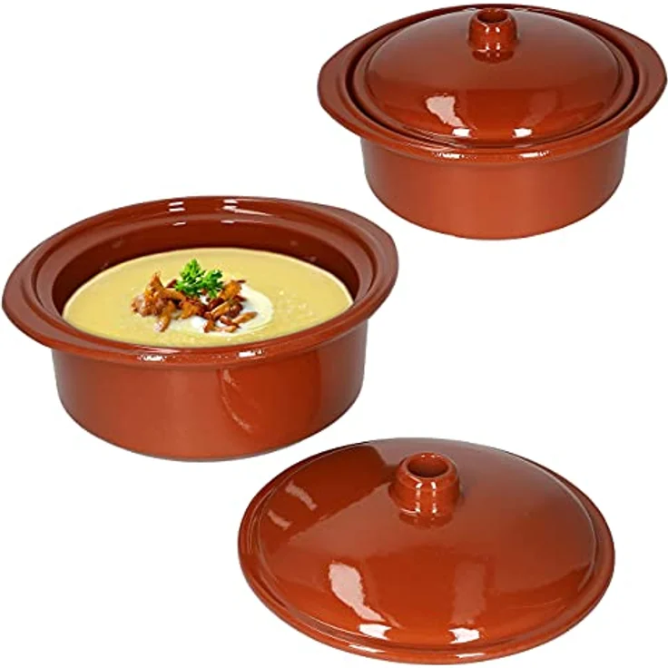 MamboCat 2er Ton Töpfe Set mit Deckel, 1,6 Liter Cocotte Bräter und Grillschalen, keramikbeschichtet, ofenfest und spülmaschinengeeignet, mittelalterliches Geschirr – Bild 1