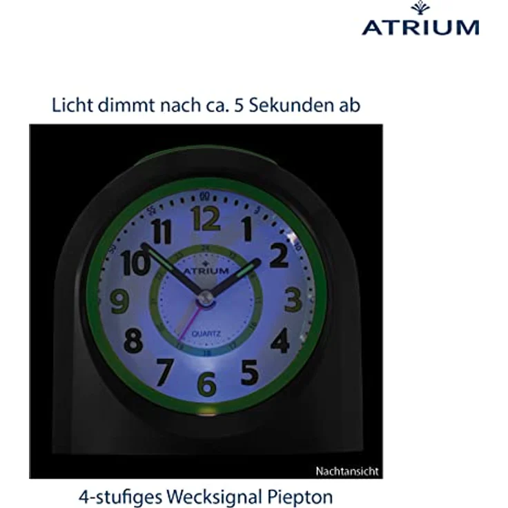 Atrium Kinder Wecker Analog Quarz mit Snooze und Licht, Schwarz Grün, A921-7 – Bild 5