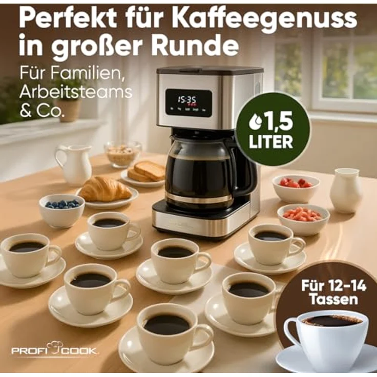 ProfiCook® Filterkaffeemaschine PC KA 1299, 900W mit Edelstahlgehäuse, für bis zu 14 Tassen, Aromawahl, Tropfstopp und Uhrzeit-Anzeige – Bild 2
