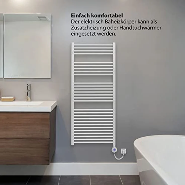 Bosch Thermotechnik elektrischer Badheizkörper Heat Radiator 4500, Maße 1420x600 mm, 900 Watt, mit Handtuchhalterung und integriertem Temperaturregler, weiß – Bild 2