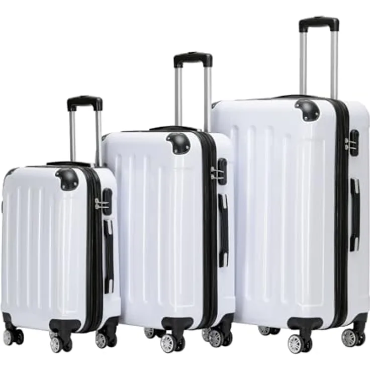 BEIBYE 3er Kofferset Hartschalen-Koffer, Trolley Rollkoffer Set in Weiss, erweiterbar mit 25% mehr Volumen, mit vier Zwillingsrollen und Innenorganisation