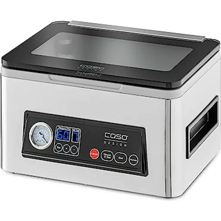 CASO VacuChef 50 - Kammervakuumierer aus Edelstahl, 70 l/min, 4 Kammervolumen, doppelte Schweißnaht (je 2mm), Marinierfunktion, inkl. 30 Siegelrandbeutel, Ersatzdichtung und Vakuumierschlauch, 1416