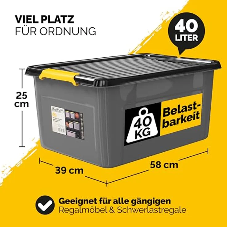 Monzana® 4x Aufbewahrungsbox 40L, stapelbar und belastbar bis 40kg, anthrazitgrau, BPA-frei mit Klickverschluss, ideal für Keller und Garage – Bild 2