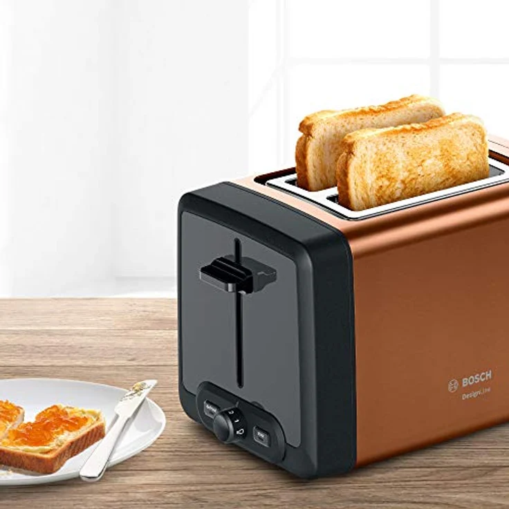 Bosch TAT4P429DE DesignLine Kompakt-Toaster, Auftau-Aufwärmfunktion, versenkbarer Brötchenaufsatz, Abschaltautomatik, 970 W, kupfer – Bild 7