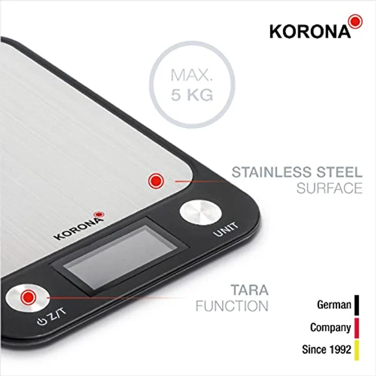 Korona Lea 70250 Küchenwaage, max. Tragkraft 5kg, Zuwiegefunktion, inkl. Batterien, Abschaltautomatik, silber – Bild 3