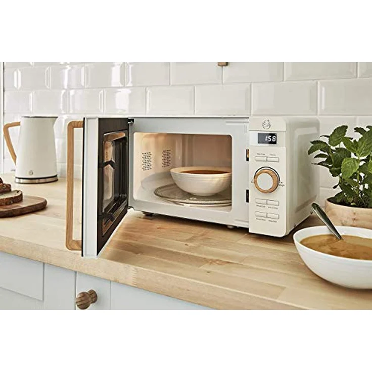 Swan Nordic Digitale Mikrowelle, Standgerät, 20 Liter Garraum, 6 Betriebsstufen, 800 Watt, 30 Minuten Timer, einfache Reinigung, Auftaumodus, modernes Design, Griff in Holzoptik, Weiß matt – Bild 6