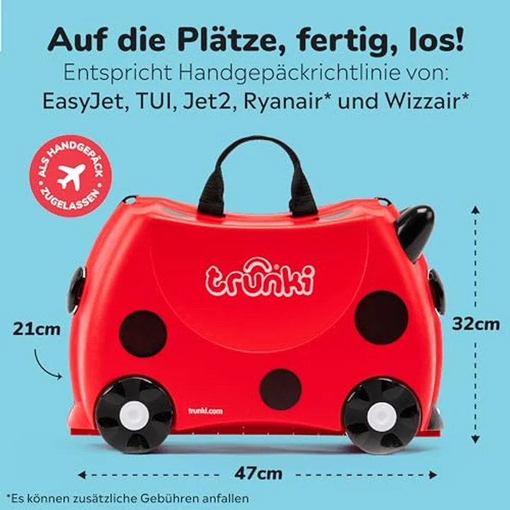 TRUNKI Kinderkoffer Harley Marienkäfer (Rot) | Handgepäck und Kinderkoffer zum Draufsitzen | Ideal für Reisen und Abenteuer – Bild 2