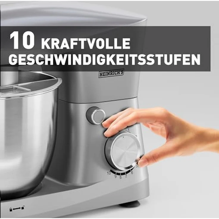 Heinrich´s HKM 8077 Küchenmaschine, Knetmaschine mit 1500W, 10 Geschwindigkeitsstufen, 6L Edelstahlschüssel, geräuscharm, silber – Bild 3