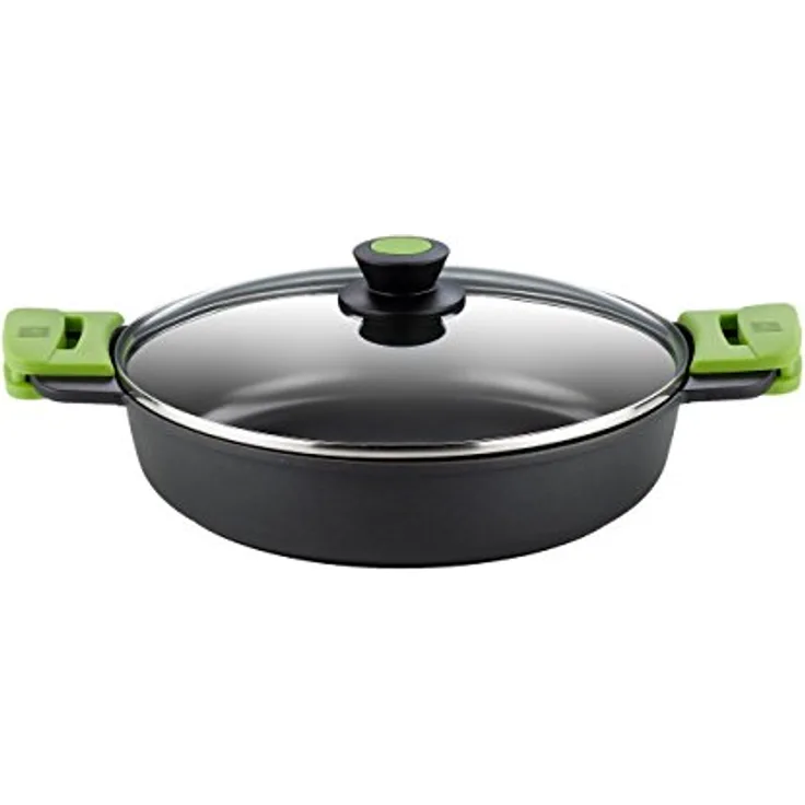BRA Prior Niedrige Kasserolle mit Glasdeckel und Silikongriffen Ohne Zubehör, schwarz, 32 cm