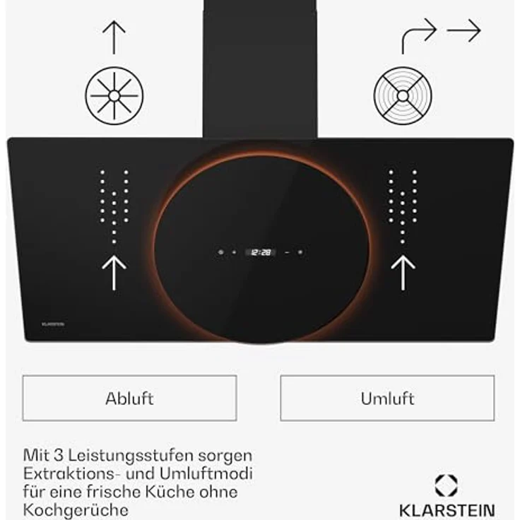 Klarstein Total Eclipse Dunstabzugshaube - 90 cm Kopffreihaube, 600 m³/h, Touch-Steuerung, Energieeffizienz A, LED-Beleuchtung 3000 K-6500 K, Schwarz, Abluft & Umluft – Bild 3